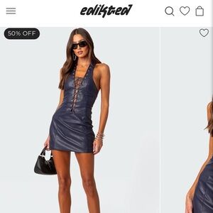 Fiia Lace Up Faux Leather Mini Dress, Navy. SIZE M